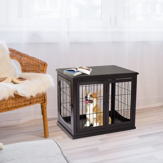 Small Dog Cage End Table with Two Opening Sides, Lockable Door, Puppy Kennel Indoor, Cute and Decorative, Coffee