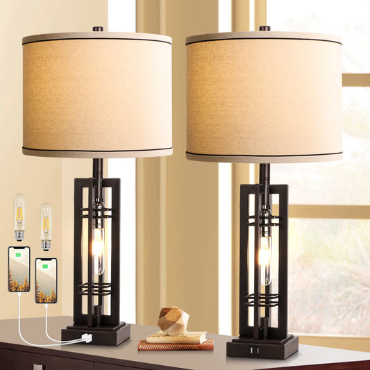 Set of 2 Table Lamps with USB Ports, 27.5" Tall Farmhouse Table Lamp with 2 LED Nightlight Blubs, Bedside Lamp Oil Rubbed Bronze Off White Oatmeal Shade for Living Room Bedroom Home Office