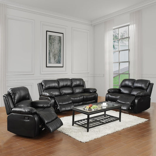 GEBADOL Leather Recliner Sofa Set, Living Room Furniture Set, Manual Reclining Sofa and Loveseat with Recliner Chair for Lving Room/Apartment/Office, Black Leather Sofa Set- 3 Pieces