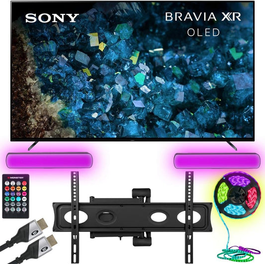Sony XR65A80L BRAVIA XR 65 Inch A80L OLED 4K HDR Smart TV with Google TV 2023 Bundle with Monster TV Full Motion Wall Mount for 32-70 inch with 6 Piece Sound Reactive Lighting Kit