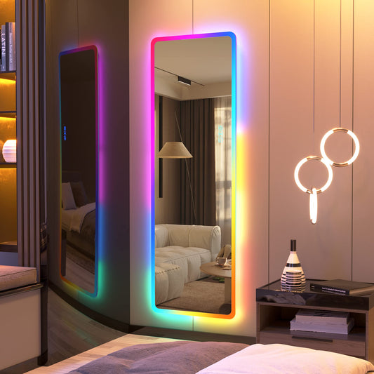 Full Length Mirror with Lights, RGB Color Changing Lighted Mirror, Wall Mounted Full Body Mirror, Over The Door Hanging Mirror, 14 LED Light + Dimmable Brightness + Adjustable Speed, 47" x 16"