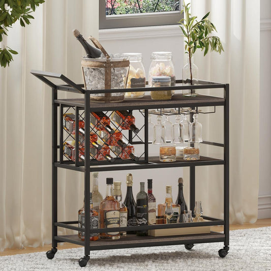 Bar Carts for The Home with Wine Rack and Glasses Holder, Rustic Rolling Serving Cart on Wheels for Liquor and Alcohol, Wood and Metal Drink Cart and Beverage Cart (Walnut Brown)