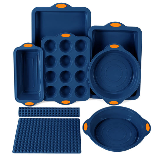 To encounter 8 in 1 Silicone Baking Set - 6 Silicone Molds - 2 Silicone Baking Mat, Nonstick Cookie Sheet, Cake Muffin Bread Pan with Metal Reinforced Frame More Strength, Navy Blue