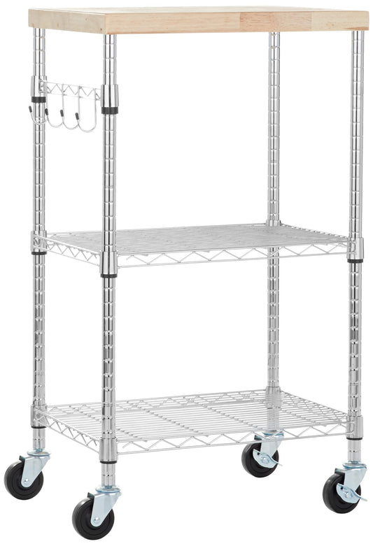 Amazon Basics Kitchen Storage Microwave Rack Cart on Caster Wheels with Adjustable Shelves, 175 Pound Capacity, 15 x 21 x 36.7 inches, Wood/Chrome