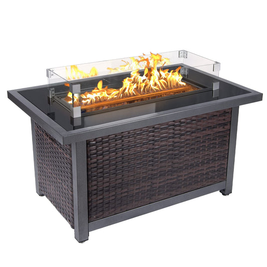 44inch Outdoor Propane Fire Pit Table, 50000 BTU Auto-Ignition Wicker Rattan Patio Gas Fire Pit with Wind Guard, Tempered Glass Tabletop and Glass Beads, ETL Certification, Brown