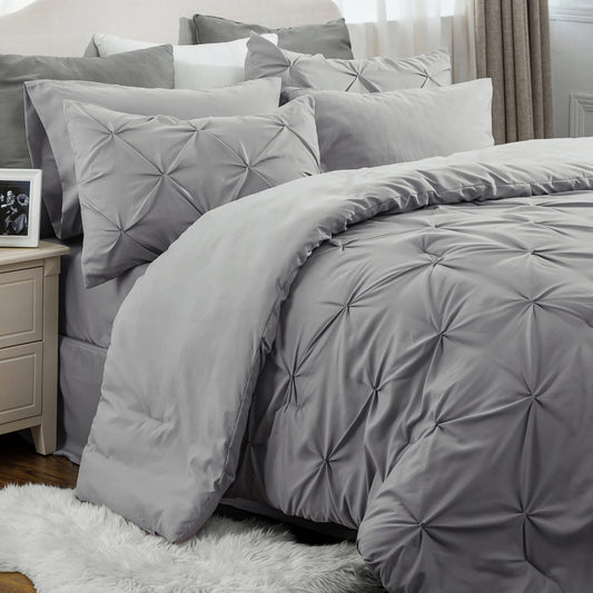 King Size Comforter Set - Bedding Set King 7 Pieces, Pintuck Bed in a Bag Grey Bed Set with Comforter, Sheets, Pillowcases & Shams