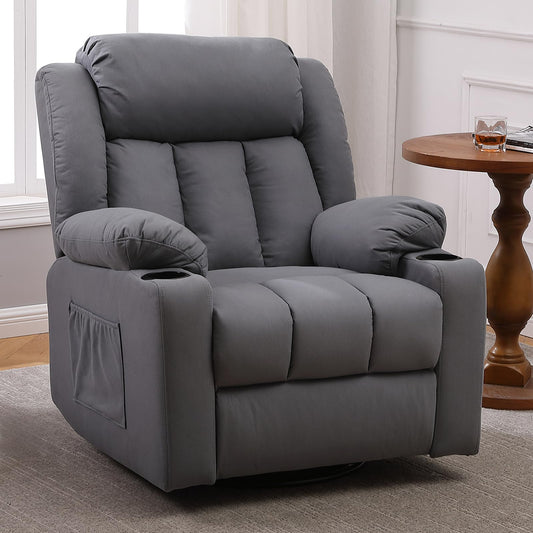 Overstuffed Gray Large Manual Swivel Glider with Massage and Heat