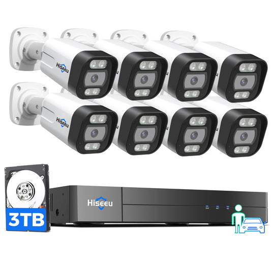 [Human Vehicle Detection] Hiseeu PoE Security Camera System,8PCS 5MP IP Security Camera for Indoor Outdoor,4K PoE NVR 16CH Expandable with 3TB Hard Drive,Person/Vehicle Detect,Audio Video Monitoring