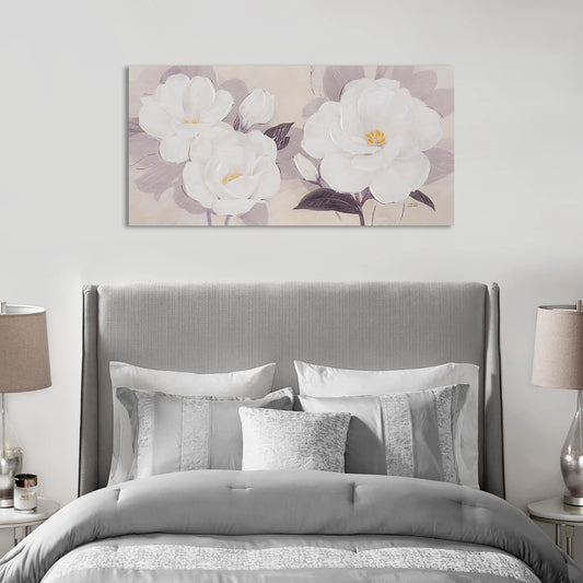Madison Park, Midday Bloom Florals Wall Art Hand Embellished Oversize Canvas, Modern Floral Design, Global Inspired Painting Living Room Accent Décor, Multi, 39 x 19, White