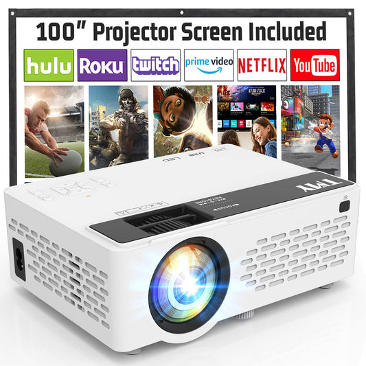 Upgraded 9500 Lumens Bluetooth Projector with 100" Screen, 1080P Full HD Portable Projector, Movie Projector Compatible with TV Stick Smartphone/HDMI/USB/AV, indoor & outdoor use