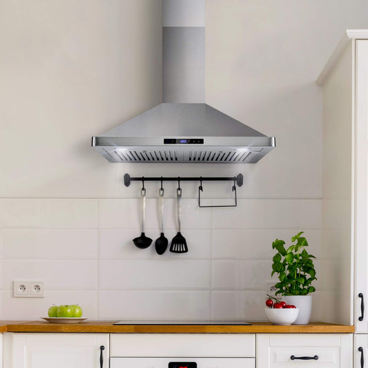 Wall Mount Range Hood with Ducted Convertible Ductless (No Kit Included), Ceiling Chimney-Style Stove Vent, LEDs Light, Permanent Filter, 3 Speed Fan in Stainless Steel (30 inch)