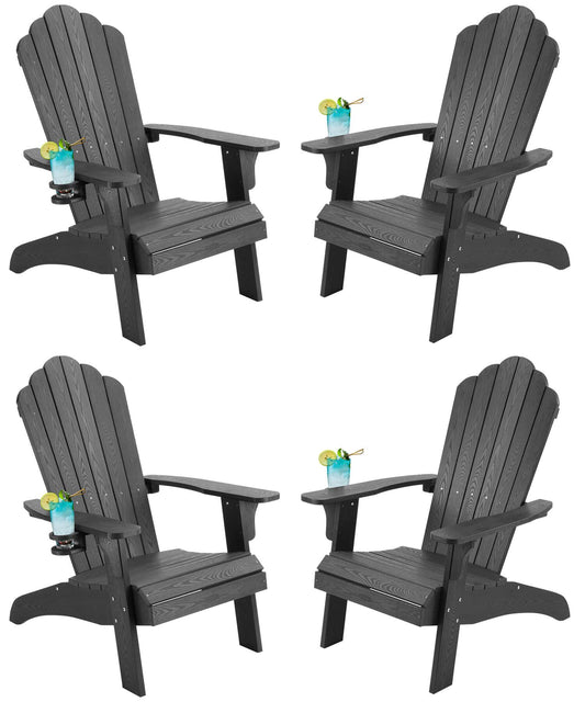 Oversized Adirondack Chair Set of 4, Adirondack Chair Weather Resistant with Cup Holder, Imitation Wood Stripes, Easy to Assemble, Outdoor Chair for Patio, Deck, Fire Pit & Lawn Porch - Black