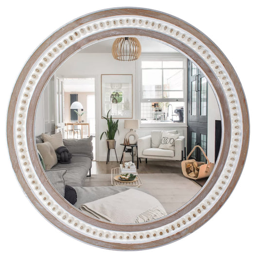 Round Mirror 31.5" Wooden Farmhouse Circle Mirrors, Accent Bathroom Mirror Rustic Decorative Mirrors for Wall, Bedroom, Living Room, or Entryway - Distressed Hanging Mirror with Beads Decor