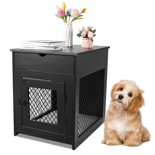 Dog Crate Furniture, Dog Kennel with Drawer Pad and Tray, Wooden Dog Crate Side End Table, Furniture-Style Dog Crates for Small Dog Indoor Use, Black