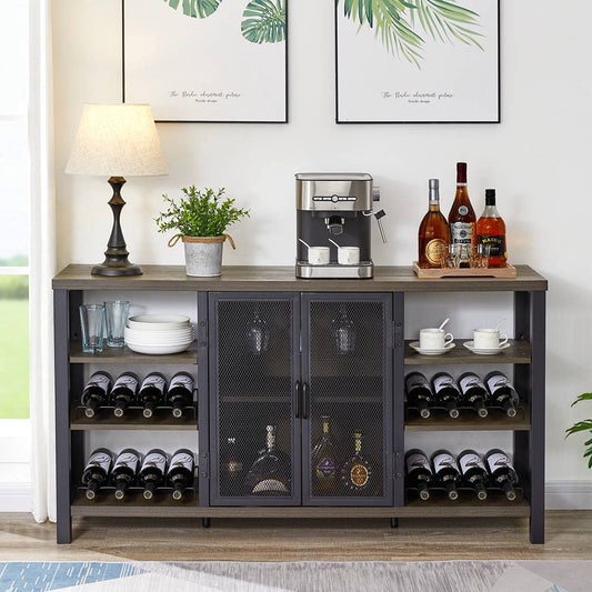 Industrial Wine Bar Cabinet for Liquor and Glasses, Farmhouse Metal Sideboard & Wood Coffee/Buffet Cabinet with Wine Rack (55 Inch, Walnut Brown)