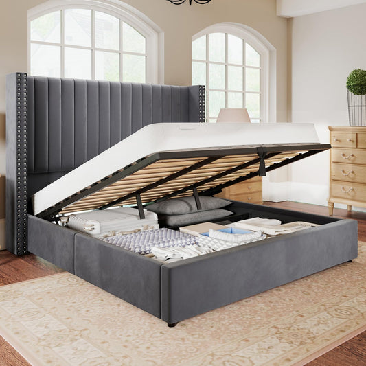 Jocisland King Bed Frame Lift Up Storage Bed, Velvet King Upholstered Bed Frame/Channel Tufted Wingback Headborad/No Box Spring Needed/Gray