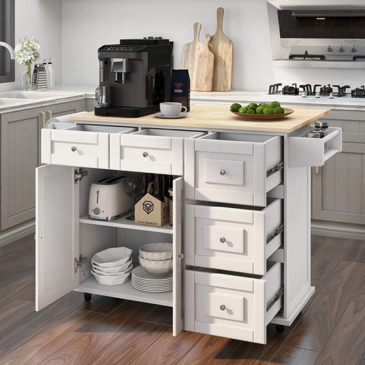 Kitchen Island with Drop Leaf,Kitchen Cart Rolling Mobile Island with Wooden top, Spice Rack,Adjustable Shelves and Drawers