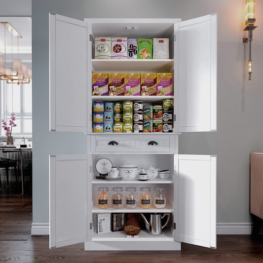 Kitchen Pantry Storage Cabinet with Drawer and Adjustable Shelves, Bathroom or Hallway, White