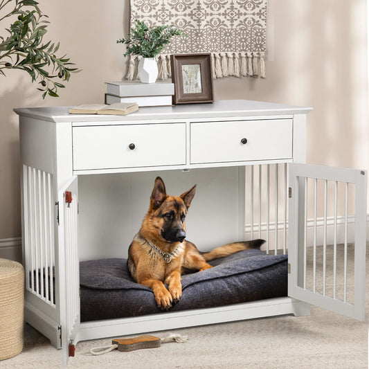 Large Dog Crate Furniture, Wooden Dog Kennel End Table with Storage Drawers, Decorative Pet Crates Dog House Indoor for Large/Medium/Small Dogs (White)