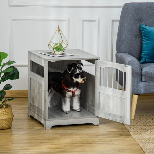 Wooden End Table Pet Kennel with Lockable Door for Small Medium Dog Indoor Puppy Cage, Grey