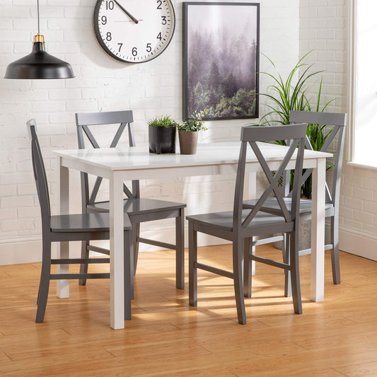 Walker Edison 4 Person Modern Farmhouse Wood Small Dining Table Dining Room Kitchen Table Set Dining 4 X Chairs Set, 48 Inch, White and Grey
