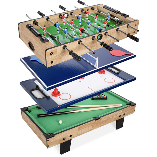4-in-1 Multi Game Table, Childrens Combination Arcade Set for Home, Play Room, Rec Room w/Pool Billiards, Air Hockey, Foosball and Table Tennis - Natural