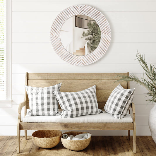 Wood Round Mirror 22 Inch Farmhouse Round Mirror for Wall Decor, Solid Wood Circle Wall Mirror, Round Decorative Mirror for Living Room Bedroom Bathroom Entryway