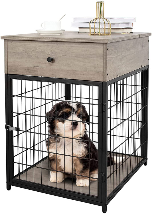 Amyove Furniture Style Dog Crate End Table with Drawer, Wood Pet Kennels Side Table Bed Nightstand, Indoor Use Chew-Proof Dog House for Small Dogs, Grey,23.4x20x28.9in