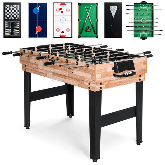 Combo Game Table Set for Home, Game Room, Friends & Family w/Hockey, Foosball, Pool, Shuffleboard, Ping Pong, Chess, Checkers, Bowling, and Backgammon - Natural