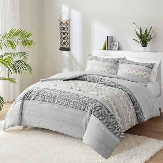 Hyde Lane Farmhouse Comforter Set Gray, Full/Queen Size Boho Bedding Sets, Cotton Top with Modern Neutral Style Clipped Jacquard Stripes, 3-Pieces Including Matching Pillow Shams (90x90 inches)