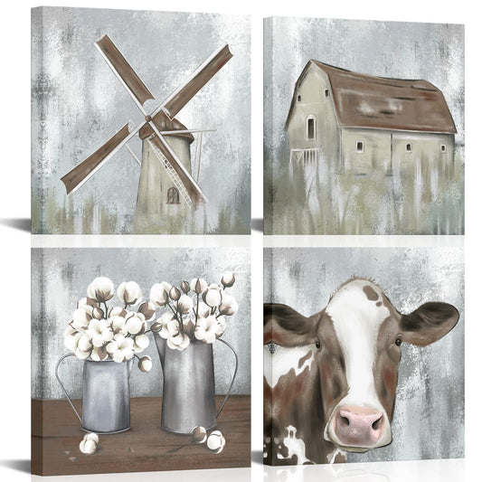 4 Piece Farmhouse Canvas Wall Art Rustic Cow Dutch Windmill Cotton Flower Picture Artwork Modern Countryside Printed Painting for Living Room Kitchen Decor Framed Ready to Hang 12x12 Inch
