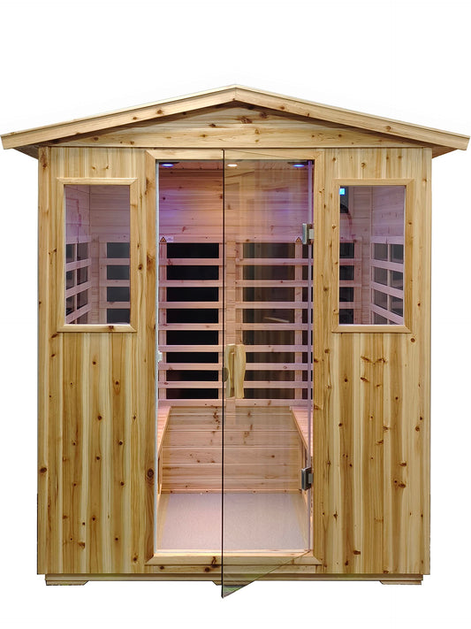 Outdoor Far Infrared Sauna Low EMF Sauna 4 Person | Withstand Temp -5℉-104℉, Outdoor Indoor Wooden Sauna Room for Home-12 Low EMF Boards-Canadian Hemlock-Chromotherapy-Bluetooth Speaker