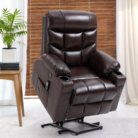 Recliner Chair, Leather 3 Positions Lift Chair with Heat and Massage for Elderly, Power Lift Recliner with Cup Holder, USB Charging Port and Easy-to-use Hand Control (Classic Brown)