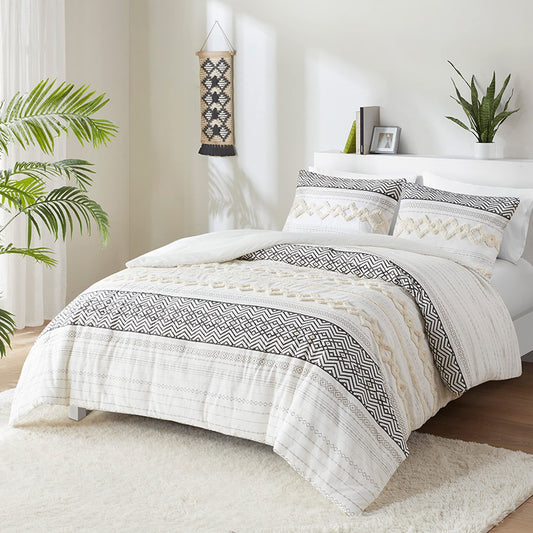 Hyde Lane Farmhouse Bedding Comforter Sets, Ivory Full/Queen Size Boho Bed Set,Cotton Top with Modern Neutral Style Clipped Jacquard Stripes, 3-Pieces Including Matching Pillow Shams (90x90 Inches)