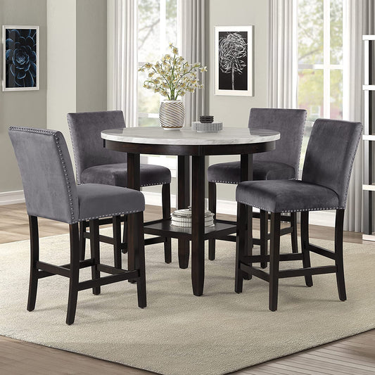 New Classic Furniture Celeste 5-Piece Faux Marble Round Counter Set with 1 Table and 4 Chairs, 42-Inch, Grey