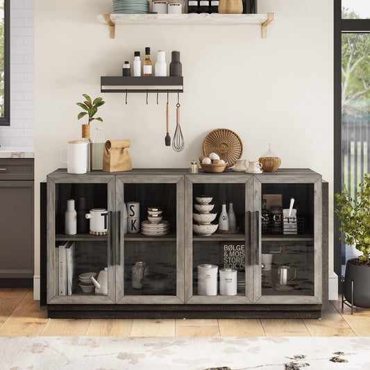 BELLEZE Sideboard Buffet Cabinet, Modern Wood Glass-Buffet-Sideboard with Storage, Console Table for Kitchen, Dinning Room, Living Room, Hallway, or Entrance - Brixston (Grey)