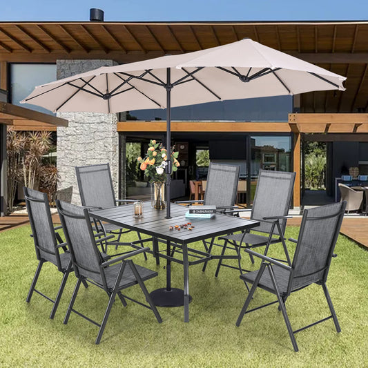 Sophia & William 7 Pieces Patio Furniture Set with 13 Ft Beige Double-Sided Umbrella, Outdoor Sling Folding Dining Chairs & Metal Table Set, Grey 7 Levels Adjustable Patio Chairs for Backyard Porch