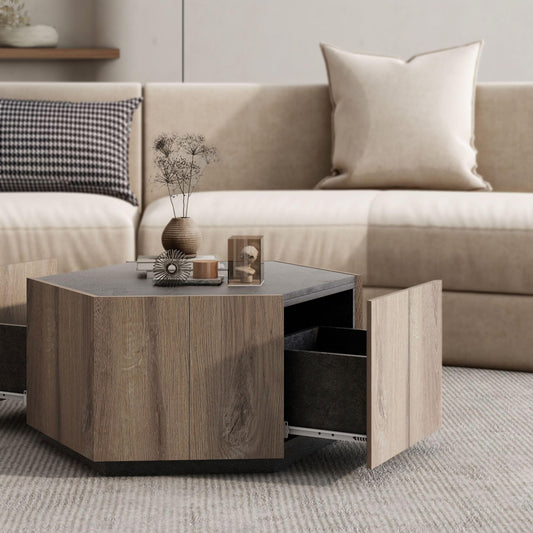 LKTART Hexagonal Rural Style Garden Retro Wood Coffee Table Cocktail Table with 2 Drawers Reception and Living Room Textured Grey Warm Oak