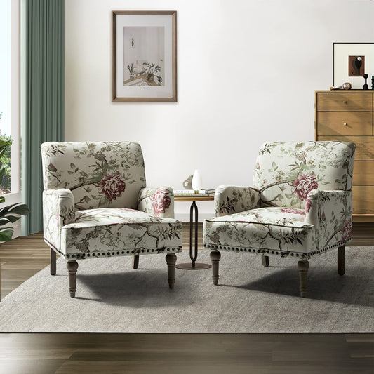 Set of 2 Floral Accent Chairs with Wooden Legs & Nailhead Trim