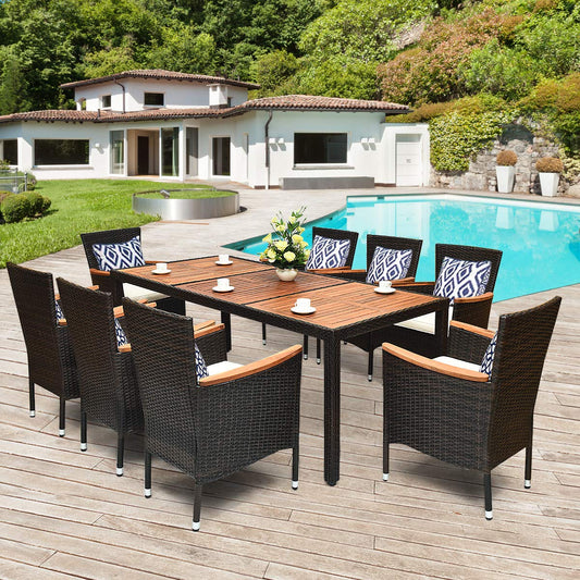 9 Piece Outdoor Wicker and Acacia Wood Dining Set with Cushions