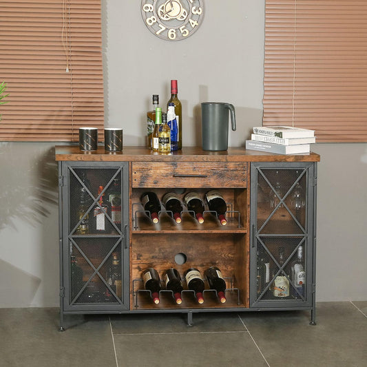 Wine Bar Cabinet with Wine Rack and Glass Holder, Farmhouse Coffee Bar Cabinet for Liquor and Glasses, Industrial Sideboard Buffet Cabinet with Drawer and Mesh Door