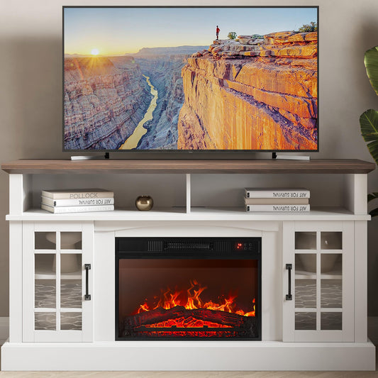 White 58" TV Stand with 23" Electric Fireplace, Fireplace TV Console for TV up to 65", Home Entertainment Center with Storage Cabinet and Adjustable Shelves
