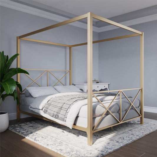 DHP Rosedale Metal Canopy Bed Frame with Four Poster Design and Geometric Accented Headboard and Footboard, Underbed Storage Space, Queen, Gold