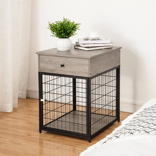 CuisinSmart Wooden Furniture Style Dog Crate End Table with Drawer, Wood Pet Kennels Side Table Bed Nightstand, Dog House Indoor Use, Chew-Proof, Easy Installation Grey One Size