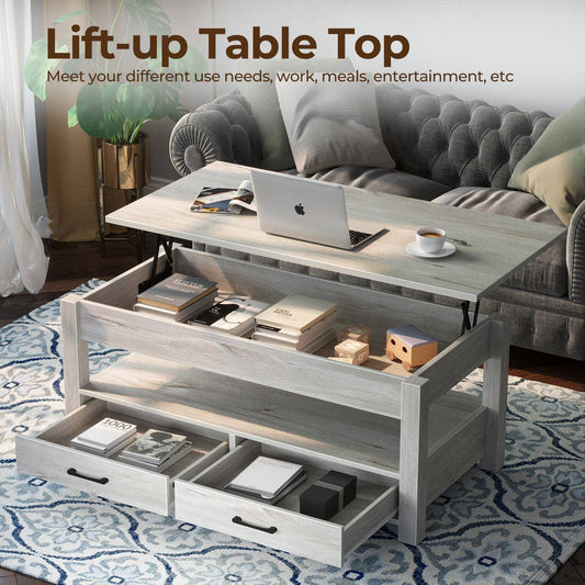 Rolanstar Lift Top Coffee Table with Drawers and Hidden Compartment, Retro Central Table with Wooden Lift Tabletop, for Living Room,Grey