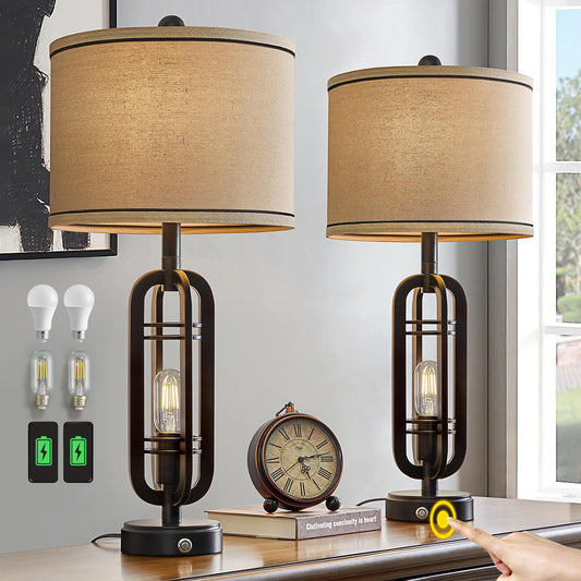 Set of Two  27.25 inch Industrial Table Lamp with 2 USB Ports, 3 Way Dimmable Touch Control Nightstand Lamp，Vintage Modern Farmhouse Desk Lamps for Living Room Bedroom Hotel, 4 Bulbs Included