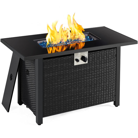 Yaheetech 43 in Outdoor Propane Fire Pit 50,000 BTU Gas Fire Pit Table with Glass Tabletop, Rattan Wicker Base and Waterproof Cover, Rectangle Gas Firepit Table for Garden/Patio, CSA Certification