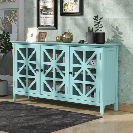 Accent Cabinet Modern Sideboard Console Table Organizers for Hallway Dining Room with 3 Acrylic Doors and Adjustable Shelves,Minimalism,62.2'' W,Turquoise