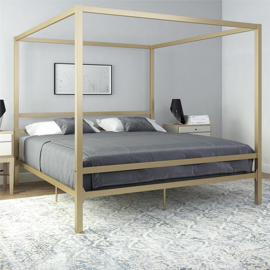 DHP Modern Metal Canopy Platform Bed with Minimalist Headboard and Four Poster Design, Underbed Storage Space, No Box Spring Needed, King, Gold