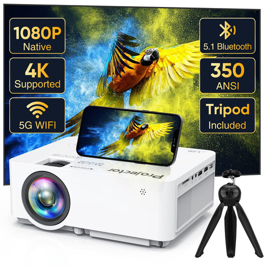 Native 1080P 5G WiFi Bluetooth Projector (with Tripod), 14000L 4K Supported Home Projector, Portable Outdoor Projector with Max 300" Display, Movie Projector Compatible with TV Stick, HDMI, Phone
